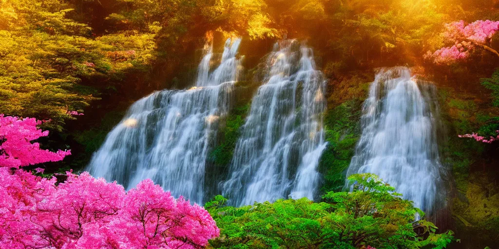 Prompt: about a beateful waterfall with pink flower trees, golden rule composition, nature, warm colors, sun rays