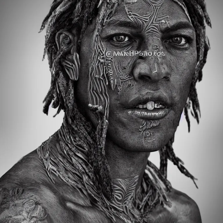 Image similar to surreal spinal ribbed tribal exotic organic face portrait of a beautiful aboriginal man, beautiful detailed intricate insanely detailed BW 3D render digital art, octane render, 8K artistic photography, photorealistic