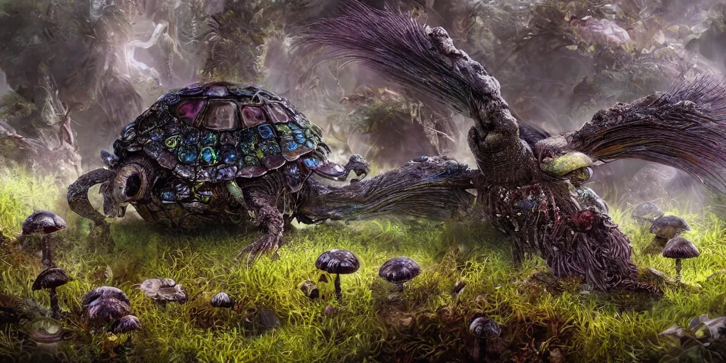 Prompt: a bird turtle mushroom jelly tractor hybrid creature monster with metal scales feathers fur moss spines knobs, rich diverse lush alien world, fantasy, science fiction, dramatic lighting, in the style of national geographic, hannah yata, illustration, octane render