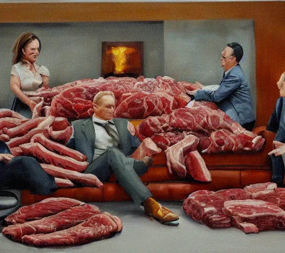 Prompt: oil painting of couch made out of meat, business men sitting on couch of meat and talking,