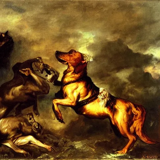 Prompt: the hellhound, oil on canvas in the style of Romanticism by Eugène Delacroix