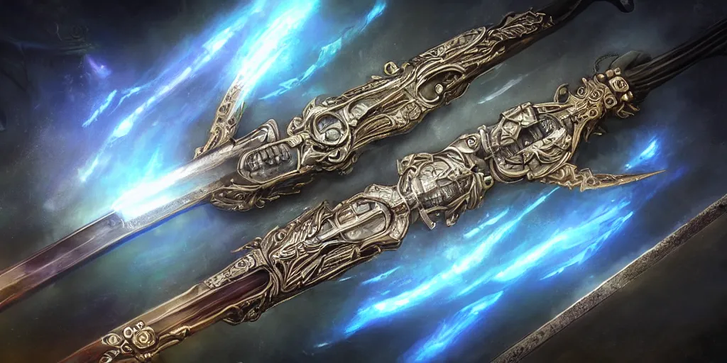 Image similar to legendary cybernetic sword lying flat on a glowing table with a long sharp black and iridescent sword blade, digital award winning hd matte painting, intimate dark moody, intricate, ornate spikes, colorful hilt, detailed realistic, raytraced blade, colored gems, future golden technological pommel, in the style of greg rutkowski and krenz cushart, deviantart