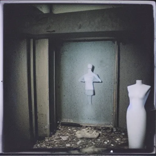 Image similar to a mannequin at the top of a dark stairwell, abandoned, creepy, eerie, scary, old polaroid, expired film, out or focus,