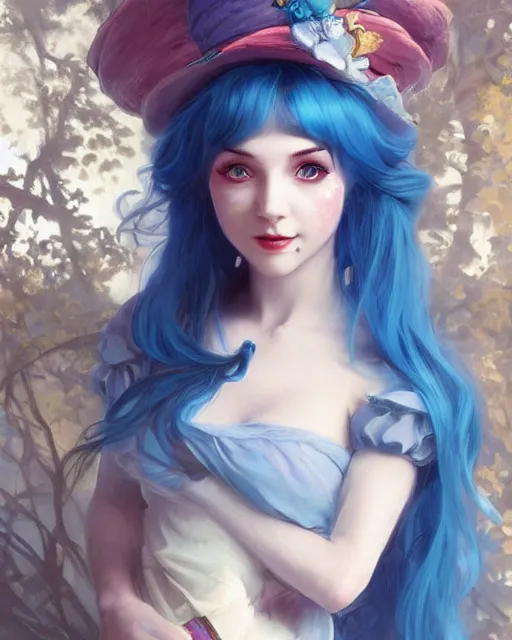 Prompt: pretty girl with blue hair dressed as alice and wonderland, digital painting, 8 k, concept art, art by wlop, artgerm, greg rutkowski and alphonse mucha