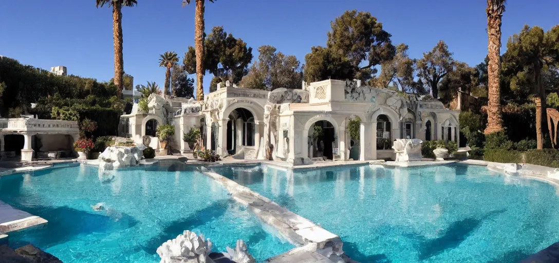 Image similar to house made of pentelic marble, designed by ictinus and callicrates. neptune pool from hearst castle in backyard. built in 1 9 5 9 in santa monica. fancy post - oscars party