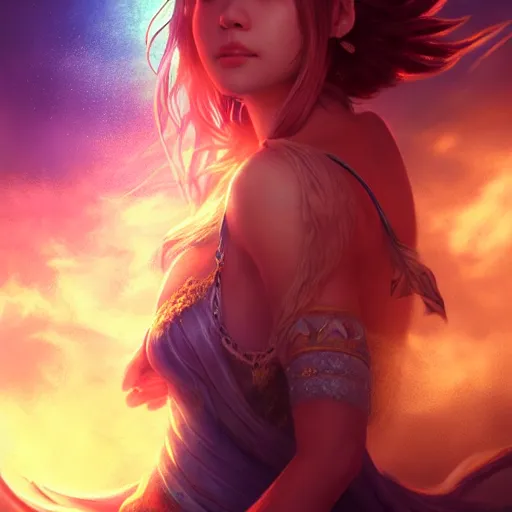 Image similar to enchanting summoner yuna portrait, fina fantasy x, atmospheric lighting, painted, menacing, intricate, volumetric lighting, beautiful, rich deep colours masterpiece, golden hour, golden ratio, sharp focus, ultra detailed, by leesha hannigan, ross tran, thierry doizon, kai carpenter, ignacio fernandez rios