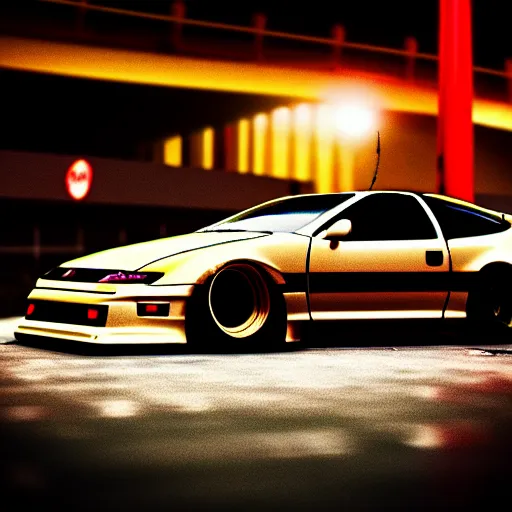 Image similar to a car 300ZX twin turbo drift at illegal car meet, Shibuya prefecture, city midnight mist lights, cinematic lighting, photorealistic, highly detailed wheels, high detail