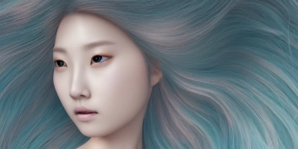 Image similar to a portrait of a very beautiful kpop goddess, seductive look, with hair radiating swirling paint and impasto by botticelli and caravaggio, background is volumetric displacement, 3 d render, hyperreal, subsurface scattering, arnold render, 8 k, houdini, xparticles