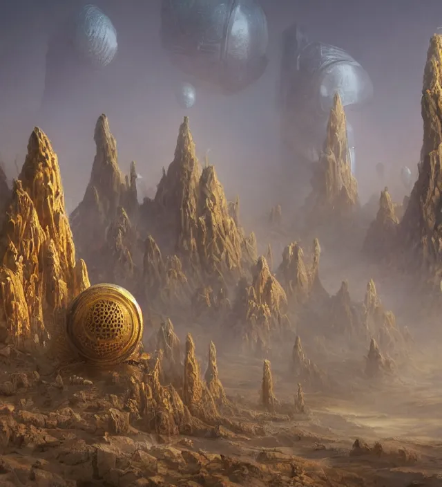 Image similar to an anthropomorphic beautiful ultradetailed giant spaceship park in a desert, gold, mist, fog, dungeon temple gate, fine art, award winning, intricate, elegant, sharp focus, octane render, hyperrealistic, cinematic lighting, highly detailed, digital painting, 8 k concept art, art by jamie hewlett and chris foss, masterpiece, trending on artstation, 8 k