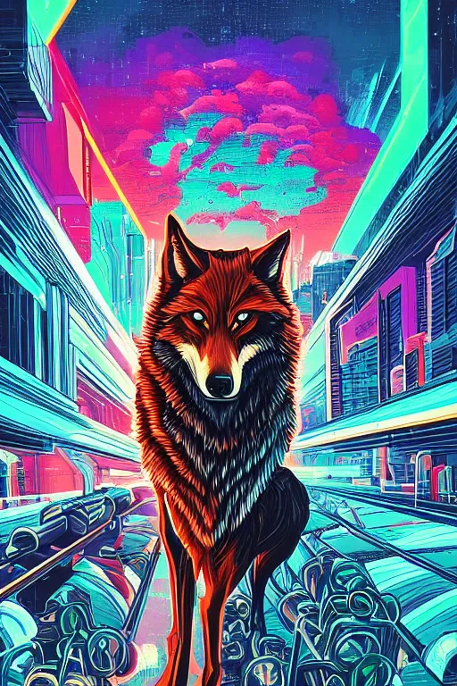 Image similar to a portrait of a wolf with thunders in the sky in a future cybernetic city, outrun style and colours, trending on arstation, by dan mumford, by ross tran