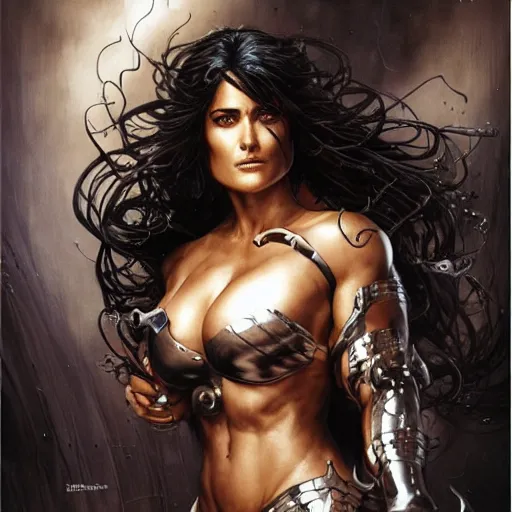 Image similar to muscular beautiful salma hayek wearing metal armor tombow artwork uta natsume , lucas graciano, greg staples ,jean-sebastien rossbach ,christophe young , eytan zana , rumiko takahashi