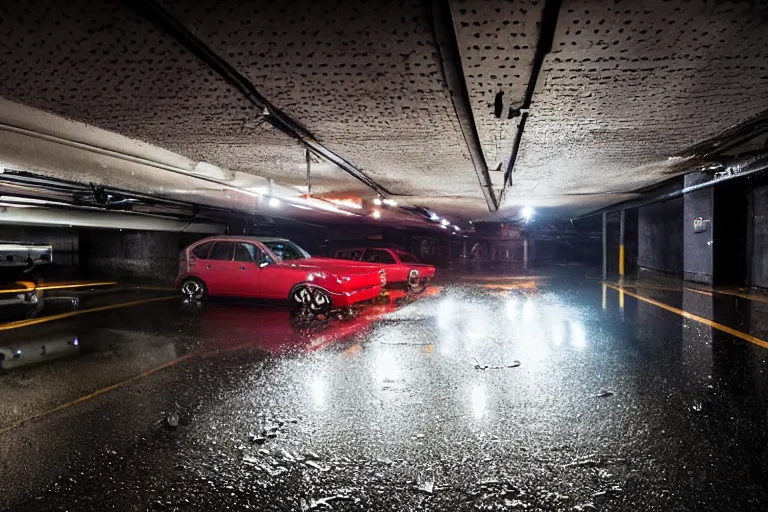 Prompt: views of underground car garage, new york downtown covered with rain, dark lighting, photo real