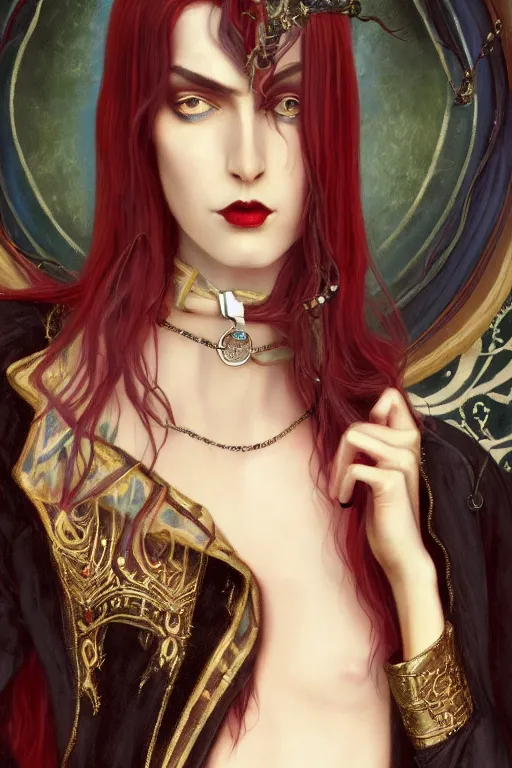 Image similar to a beautiful pretty androgynous man, long hair, tall and thin, vampire, dressed in velvet, glam fashions, wearing several pendants and a choker, illustration, dramatic lighting, soft details, painting oil on canvas, art nouveau, octane render, hdr, 4 k, 8 k, hd, by edmund blair leighton, brom, charlie bowater, faces by otto schmidt