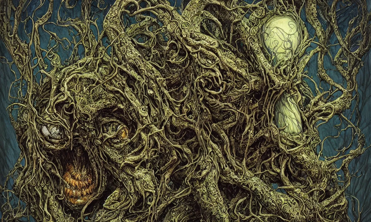 Image similar to hyperdetailed art nouveau portrait of treebeard as a cthulhu eyeball skull dragon monster, by micheal whelan, simon bisley and bill sienkiewicz, grim yet sparkling atmosphere, photorealism, claws, ribcage, fangs, forest, wild, crazy, horror, lynn varley, lovern kindzierski, steve oliff