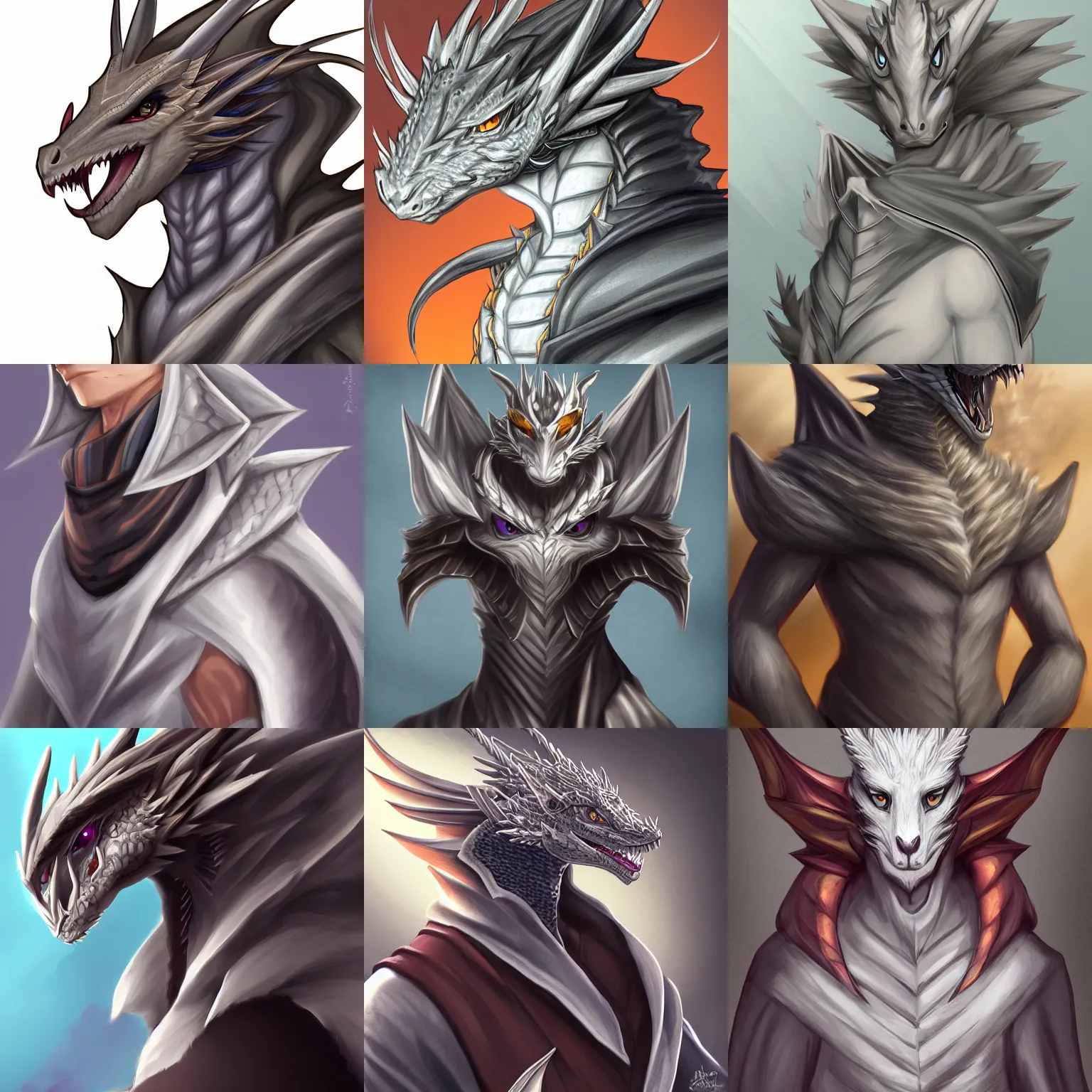 Image similar to very very beautiful half body side angle portrait of a handsome young anthropomorphic silver dragon, soft draconic features, cute eyes, wearing a luxurious silk cloak, commission on furaffinity, artstation, high quality digital art, warm colors