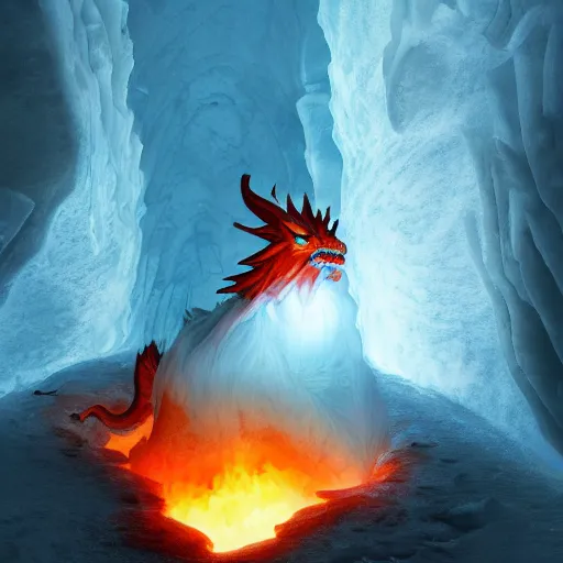 Image similar to a mysterious fire dragon in a ice cave, hyperrealistic, photorealistic, 4k, trending on artstation