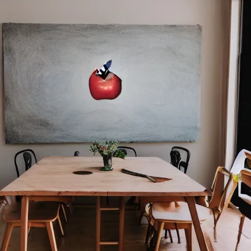 Prompt: A 10ft by 10ft art studio, table in the middle of the room with an apple on the table, table is centered