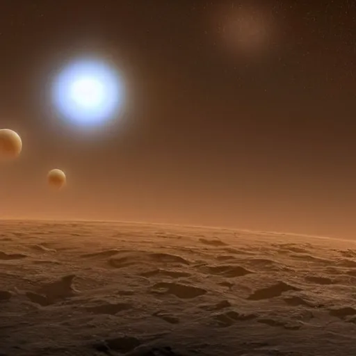 Prompt: large dust particles flying around seen from the surface of an alien planet crater, multiple moons in the sky, concept art, detailed futuristic matte painting