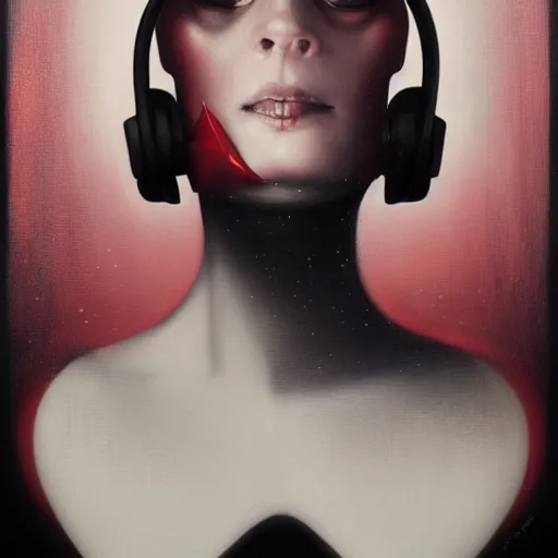 Image similar to portrait of a pale bald woman with red headphones, staring at you, black background, curious eyes, by Anato Finnstark, Tom Bagshaw, Brom