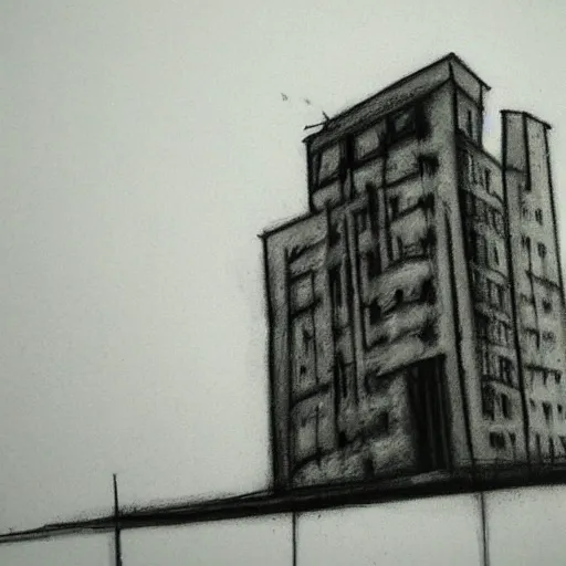 Image similar to Slanted building nightmare art, gothic style, charcoal, rough strokes,