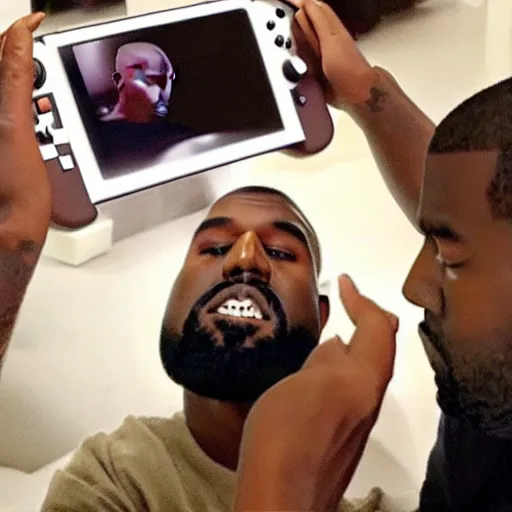 Prompt: kanye west playing the nintendo switch, worried look on face, shot on iphone