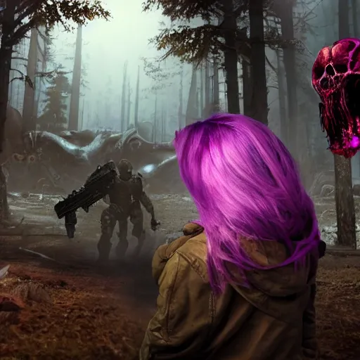 Image similar to apocalyptic world, doom game like look, female in hoodie in the middle, purple hair, shooting the monsters, 8 k, photorealistic, hyper realistic, full detail