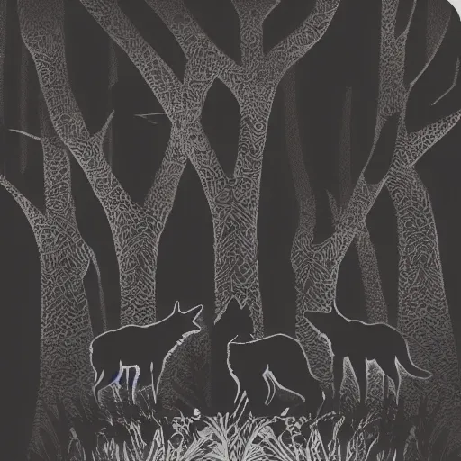 Prompt: silhouette art of a forest with wolves, stunning, sunset, intricate, 4 k wallpaper, trending on artstation gradient black to purple