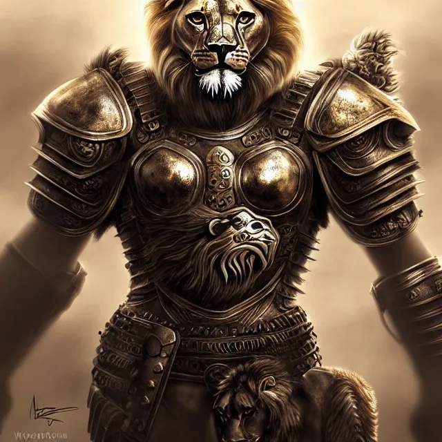 Image similar to warrior with metal lion armour, highly detailed, 4 k, hdr, smooth, sharp focus, high resolution, award - winning photo, artgerm, photorealistic