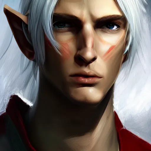 Image similar to a highly detailed portrait of a male elf with white hair, in red clothes, artstation, deviantart, professional, photorealistic