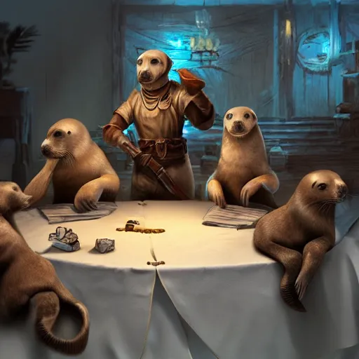 Image similar to a group of seals pups sitting around a table, playing dnd, cinematic lighting, trending on artstation, focused, detailed