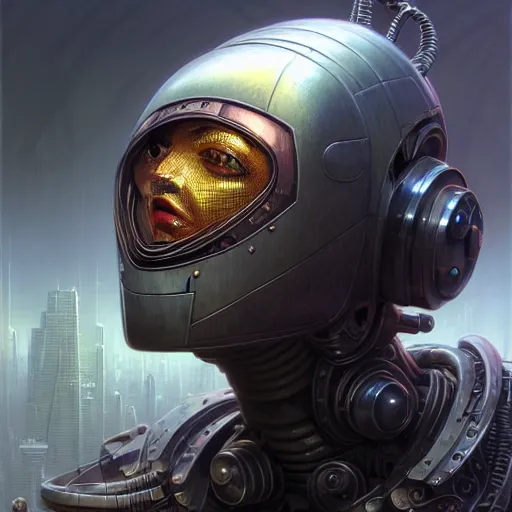 Image similar to low angle shot of a cyberpunk gazmask robot character, intricate, elegant, highly detailed, centered, digital painting, artstation, concept art, smooth, sharp focus, illustration, artgerm, Tomasz Alen Kopera, Peter Mohrbacher, donato giancola, Joseph Christian Leyendecker, WLOP, Boris Vallejo