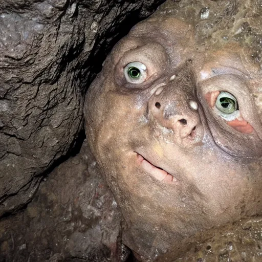 Image similar to photo inside a cavern of a wet reptilian humanoid partially hidden behind a rock, with black eyes and big teeth