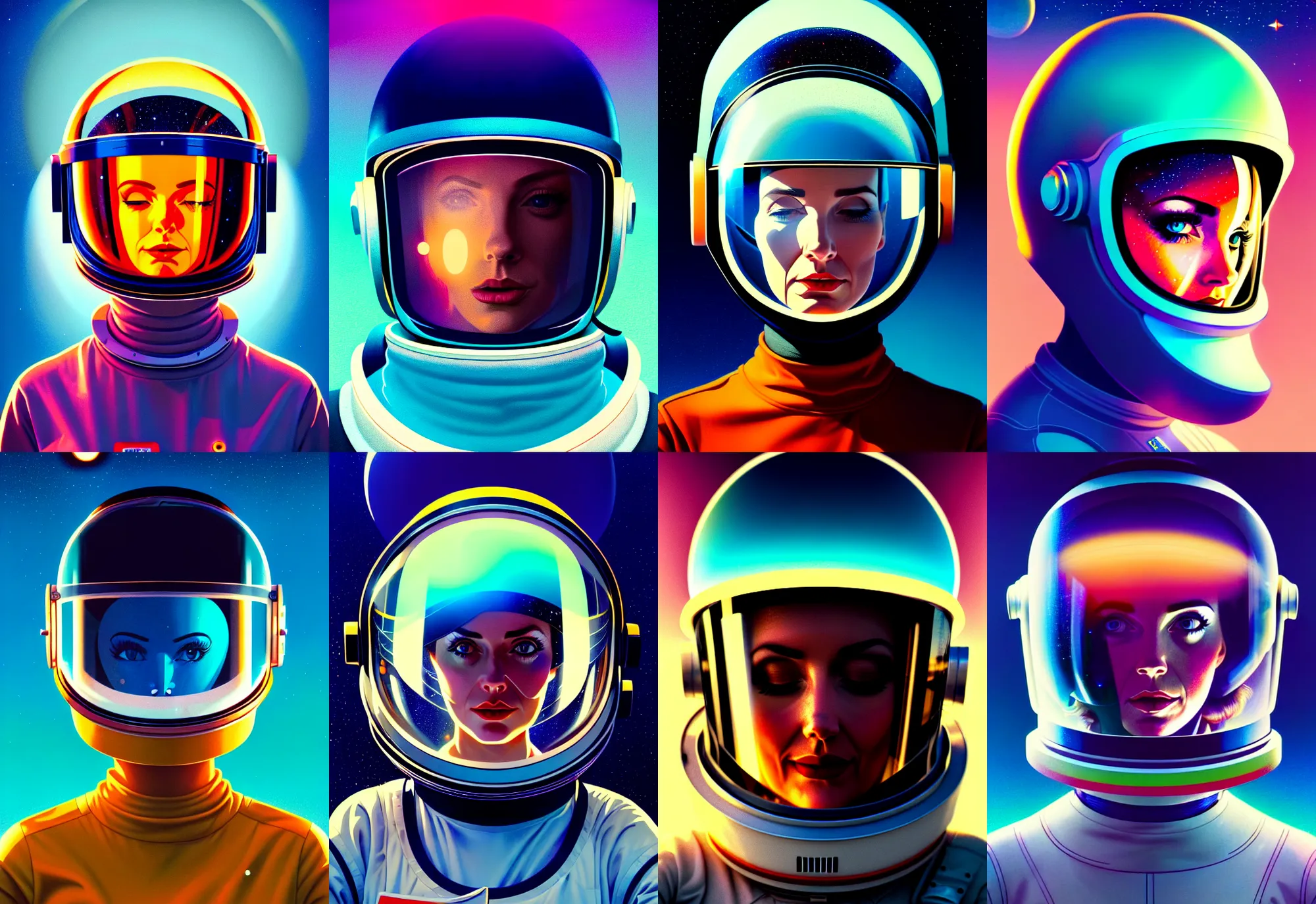 Prompt: retrofuturistic portrait of a woman in astronaut helmet, smooth transparent visor, reflective gradient, space graphics in background, close up, quint buchholz, wlop, dan mumford, artgerm, liam brazier, peter mohrbacher, raw, featured on artstation, octane render, cinematic, elegant, intricate, 8 k