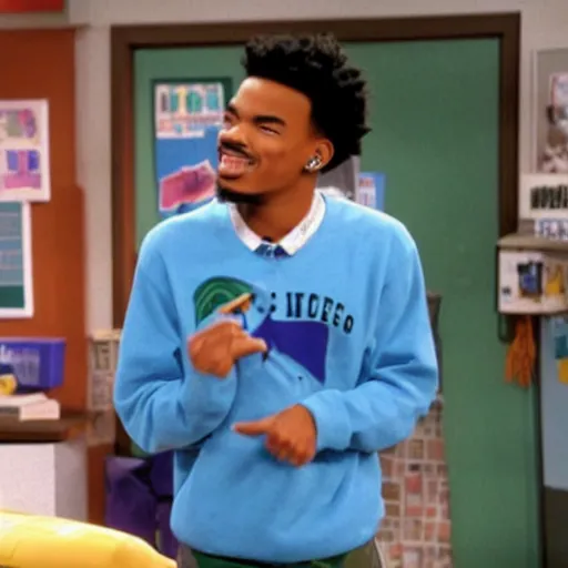 Image similar to a tv still of Chance The Rapper starring as a black college student at Jones College Prep in a 1993 sitcom