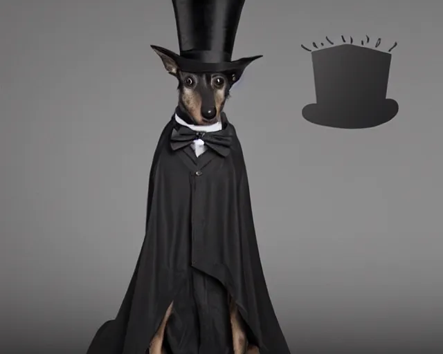 Prompt: a greyhound wearing a black cloak and a top hat, under a spotlight, magician dog performing on stage, dapper greyhound