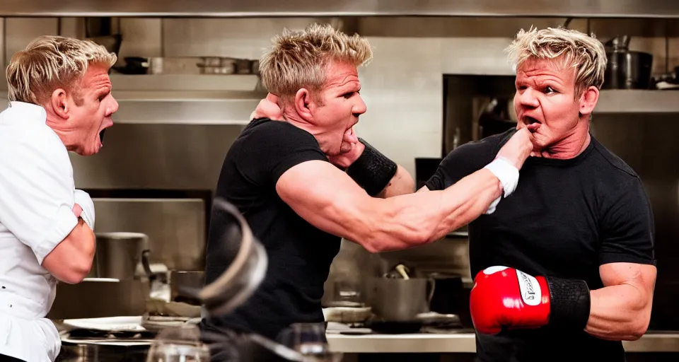 Image similar to photo of angry furious Gordon Ramsay punching Gordon Ramsay at the kitchen