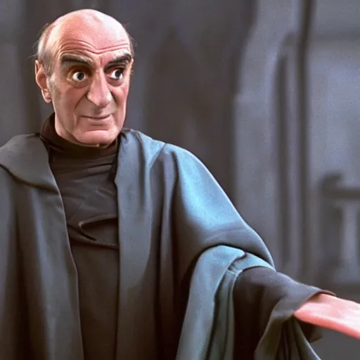 Prompt: film still of Louis de Funes as Emperor Palpatine in Return of Jedi (1983)