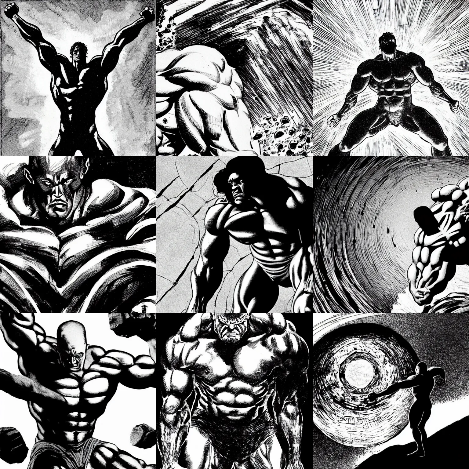 Prompt: extreme close-up of the heavily muscled Titan Atlas straining to hold the Earth up, in the style of Frank Miller’s SIN CITY, epic masterpiece, black and white, clean strong lines, chiaroscuro