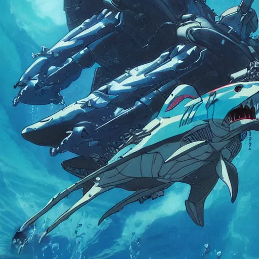 Prompt: aquatic gundam with a shark face, amphibious combat mecha mobile suit holding a scifi weapon, over under shot, cinematic by wayne barlowe, pascal blanche, victo ngai