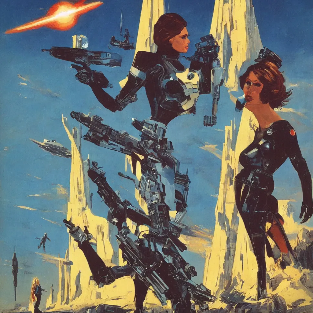 Image similar to a single young woman holding a weapon, dramatic pose, space ship in the background, wide shot, masterpiece by vincent di fate