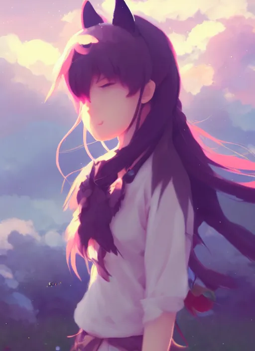 Image similar to portrait of cute catgirl, cloudy sky background lush landscape illustration concept art anime key visual trending pixiv fanbox by wlop and greg rutkowski and makoto shinkai and studio ghibli