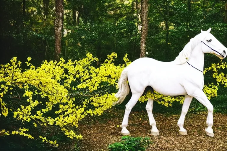 Image similar to an astronaut rode a white horse in a forest of osmanthus, dreamy style