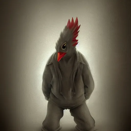 Prompt: man dressed as a chicken hiding behind a corner, digital art, trending artstation, concept art, award winning photo