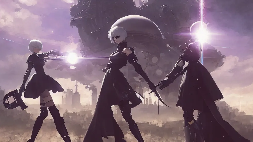 Image similar to 2 b nier automata fighting a robot, art by moebius, starry sky, gorgeous clouds, god rays, fantasy art, octane render, ureal engine, high detail, alphonse mucha, greg rutkowski, james gurney, johannes voss