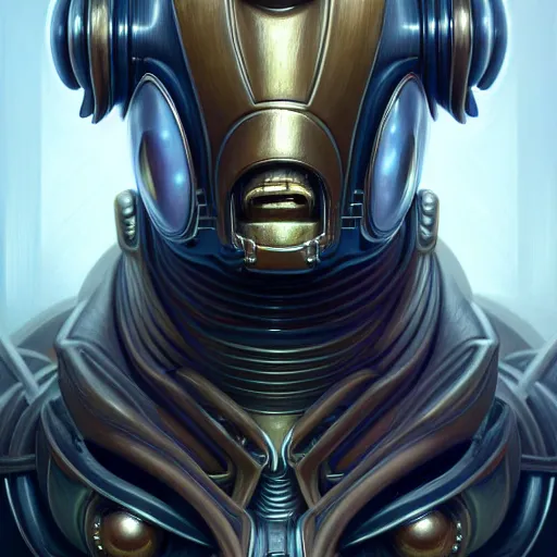 Image similar to low angle portrait shot of a cyberpunk gazmask robot character, intricate, elegant, highly detailed, centered, digital painting, artstation, concept art, smooth, sharp focus, illustration, artgerm, Tomasz Alen Kopera, Peter Mohrbacher, donato giancola, Joseph Christian Leyendecker, WLOP, Boris Vallejo