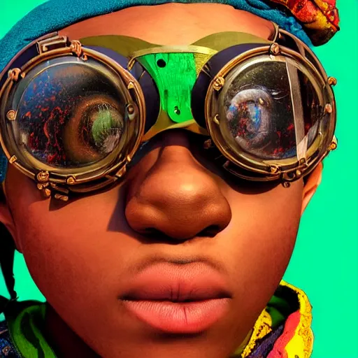 Prompt: colourful vfx upper half - portrait - art of a nigerian boy wearing steam punk goggles, art by utagawa kunisada & james jean, symmetrical, intricate detail, concept art, volumetric light, ray tracing, digital illustration, octane 3 d render, unreal engine, sharp, 8 k post process, pinterest, behance, art station,