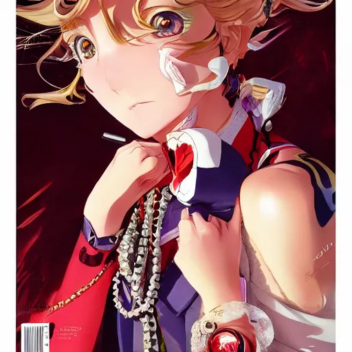 Image similar to Magazine Cover Anime key visual of a Gucci girl; official media; typography; drawn by Hirohiko Araki; Jojo's Bizarre Adventure; Jojolion, portrait, made by Stanley Artgerm Lau, WLOP, Rossdraws, James Jean, Andrei Riabovitchev, Marc Simonetti, Yoshitaka Amano, ArtStation