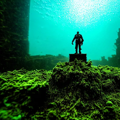 Prompt: Postapocalyptic ruins, Nicolas Cage underwater mossy old statue, ruins, photo, dark, kelp and moss all over, bottom of ocean, far shot, deep ocean, bottom of ocean, dark, 35mm, fish, underwater landscape, 4k, detailed, photorealistic, photo, Atlantis, underwater camera, fish, fish, fish