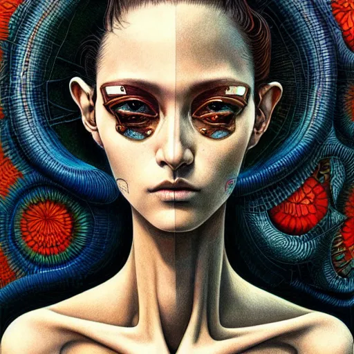 Image similar to beautiful portrait painted in jacek yerka and aykut aydogdu style drawn by sasha bom and takato yamamoto, inspired by cyberpunk, intricate acrylic gouache painting, high detail, sharp high detail, artstation, manga and anime