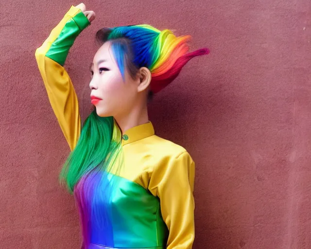 Image similar to vietnamese girl with rainbow hair wearing an ao dai